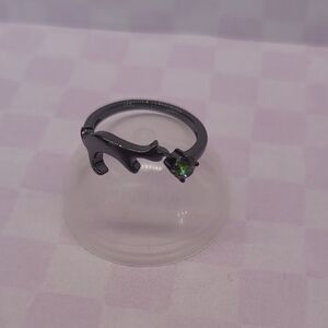 Black Cat Ring with White Iridescent Stone